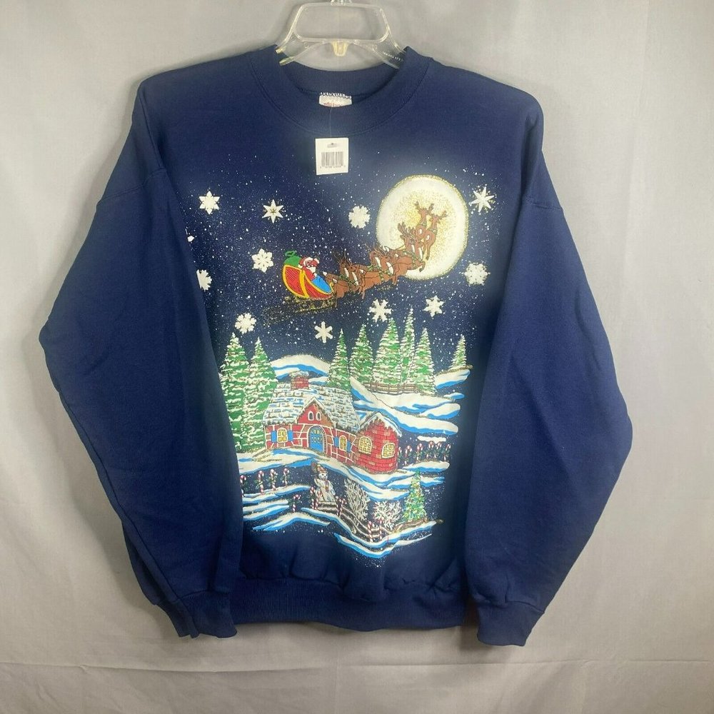 Christmas Sweatshirt Hanes Unisex XL Navy Santa Sleigh Glitter Ugly Sweater